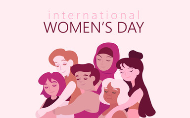 International women's day flat vector card, poster, banner. A group of different women hug