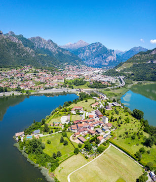 aerial view of the city of Civate and Lake Annone, Lecco province, Italy