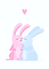 Two rabbits (bunnys) holding hands. Love flat vector postcard