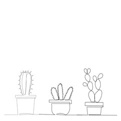 vector, isolated, continuous line drawing of a cactus in a pot, set