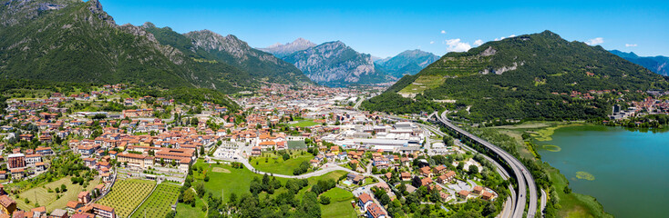 Fototapeta na wymiar aerial view of the city of Civate and Lake Annone, Lecco province, Italy