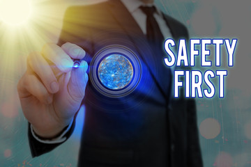 Word writing text Safety First. Business photo showcasing used to say that the most important thing...