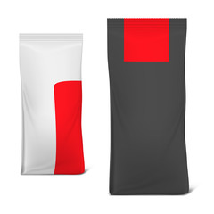 Foil of plastic sealed gusseted bag, vector template. Coffee or tea packaging flat bottom pouch, mockup