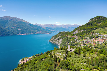 Aerial view of the village of Varenna and Vezio on Lake Como, Italy