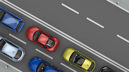 road with cars in one lane top view