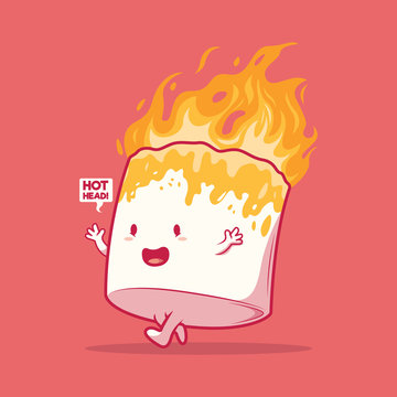 Marshmallow Character on fire vector illustration. Camping, travel, outdoors, food design concept