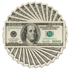 one hundred dollars banknote turnover on a white background
