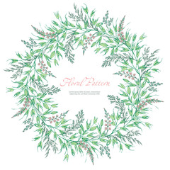 Abstract template floral round pattern on white background. Garlands spikelets, oats and small pink flowers. Romantic frame greeting card for invitation, wedding, birthday. Vector illustration, sketch