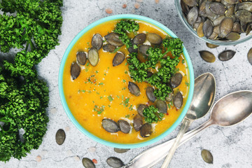 A bowl with home-made pumpkin soup