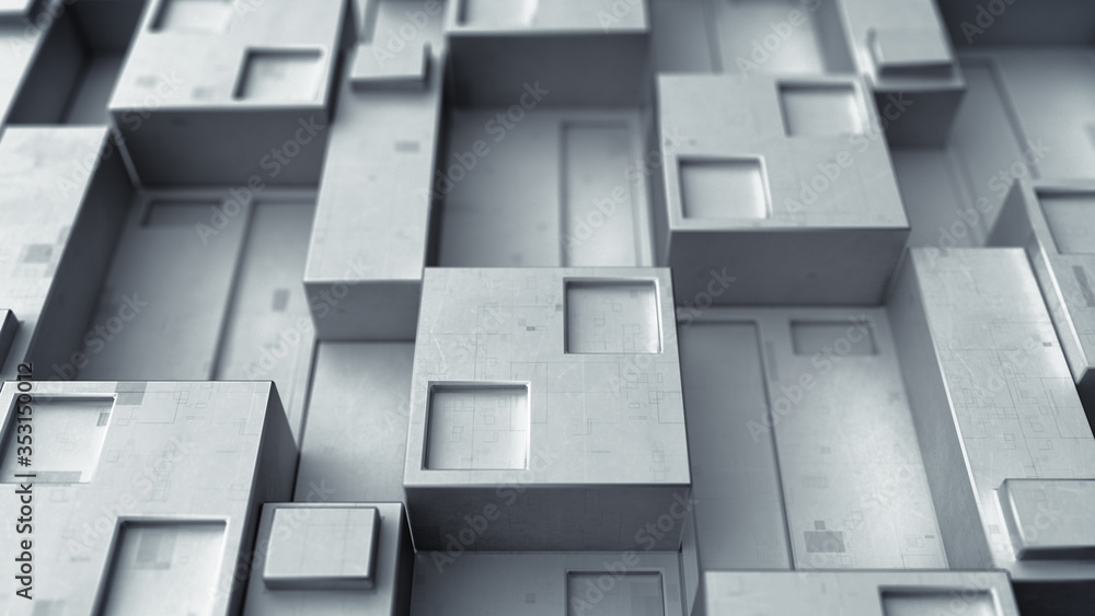 Poster sci-fi metallic grey panel with cubic clusters 3d render