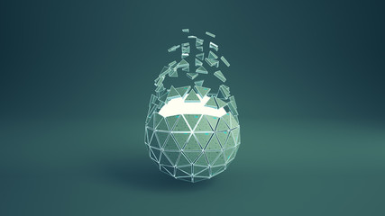 Teal platonic ball with flying polygons 3D render