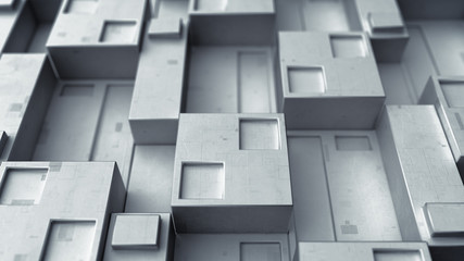 Sci-fi metallic grey panel with cubic clusters 3D render