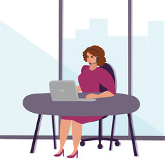 Customer service. Woman with headphones and microphone with laptop. Concept illustration for support, assistance, call center. Vector illustration in flat style