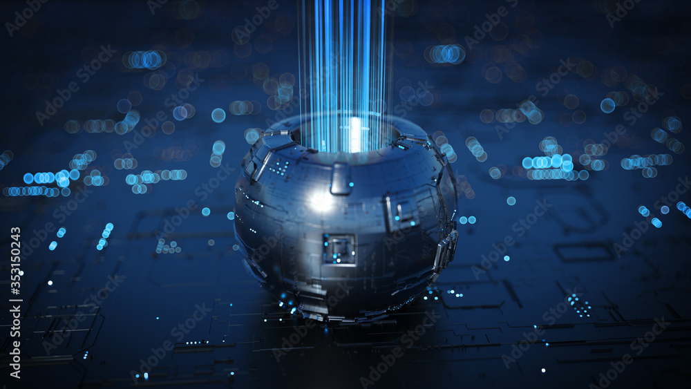 Poster futuristic device with energy stream 3d rendering