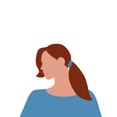 Portrait of a beautiful brunette girl side view. A young woman with brown hair, blue clothes, and no features. Avatar for social networks. Greeting card with International women's day. Profile