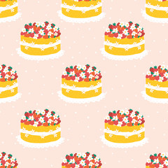 Strawberry cake seamless vector pattern. Repeating background with fruit cake. Use for Party invitation for birthday celebration, summer garden party, poster, flyers , fabric, gift wrap