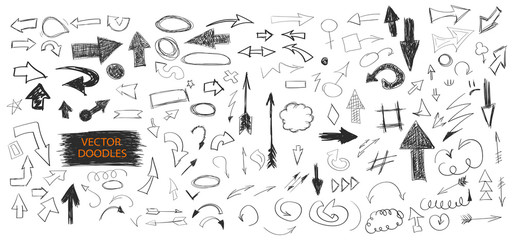 Doodle arrows vector set. Pen sketches. Drawn arrows and symbols. Simple up, down, left, right doodling collection. Pencil sketchbook drawing.