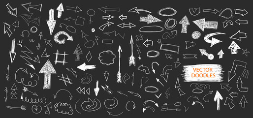 Doodle arrows vector set. Pen sketches. Drawn arrows and symbols. Simple up, down, left, right doodling collection. Pencil sketchbook drawing.