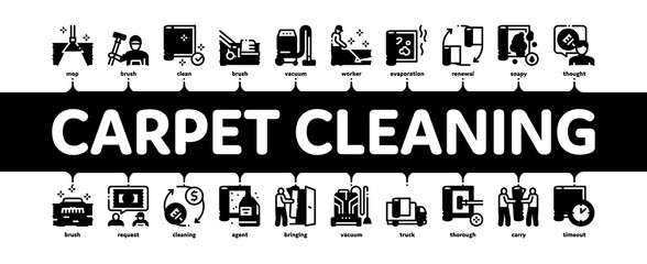 Carpet Cleaning Washing Service Minimal Infographic Web Banner Vector. Dusty And Dirty Carpet And Floor Vacuum Cleaner Equipment, Brush And Broom Illustration