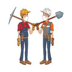 builders couple using medical masks and tools