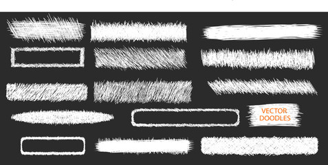 Doodles vector set. Pen sketches. Drawn symbols, signs and frames. Simple doodling collection. Pencil sketchbook drawing.