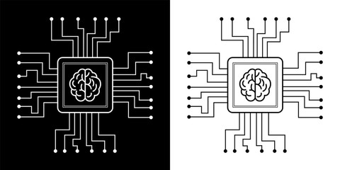 Logo - Neural networks, stylization in the form of a neural cell and a processor with a brain in white and black colors