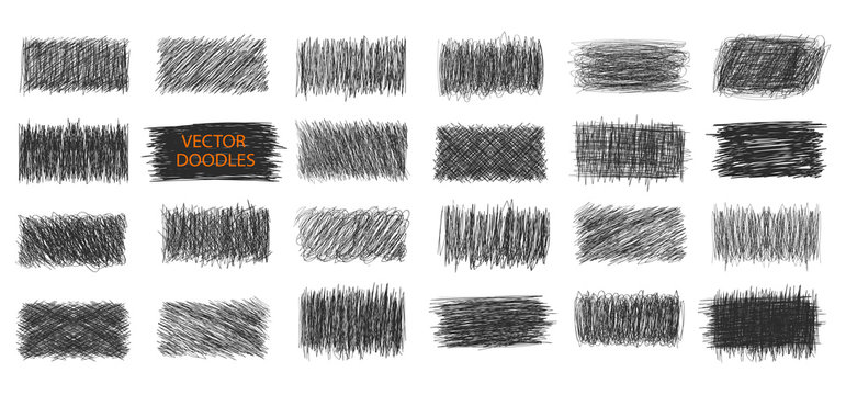 Doodles vector set. Pen sketches. Drawn symbols, signs and frames. Simple doodling collection. Pencil sketchbook drawing.