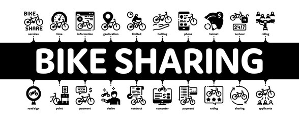Bike Sharing Business Minimal Infographic Web Banner Vector. Bike Share Deal And Agreement, Web Site And Phone Application, Helmet And Bicycle Parking Illustration
