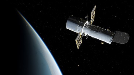 Hubble telescope in orbit of the Earth, Hubble Space Telescope 3d render. © Aleksandr
