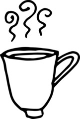 Hand drawn vector cute tea, coffee cup. Doodle style. Black outline isolated on white. Design for greeting cards, scrapbooking, textile, wrapping paper, cafe or restaurant menu, food infographic.