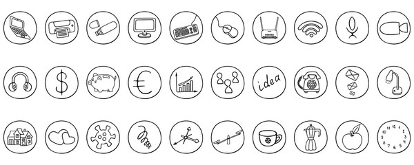 Icon set. Business subjects. Vector. Doodle style. Thumbnails. Outline on an isolated white background. Collection of elements in a circle. Composition of symbols for menu, web design. 