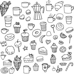 Hand drawn doodle set of desserts, sweets, coffee cups, pastry etc. Doodle style illustration. Black outlines isolated on white background. Design for cafe menu, scrapbooking, cards, wrapping paper.