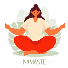 Young girl sitting in yoga pose and meditating. Physical and spiritual practice. Vector modern illustration in flat style.