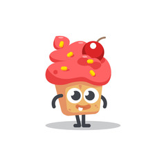 Cute cake character, happy character with cherry, vector illustration, isolated on background