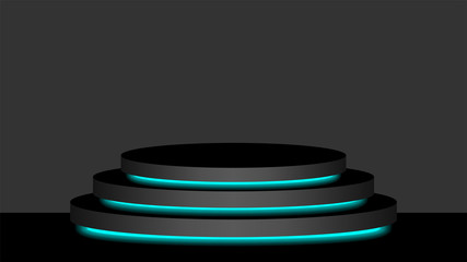circle pedestal 3d black and light blue neon lamp glowing, cosmetics display modern and led light, podium stage show for position decor blue fluorescent glow light, pedestal box for product place