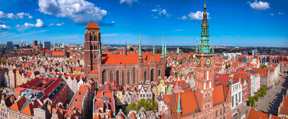 Aerial panorama of the old town in Gdansk with amazing architecture at summer,  Poland