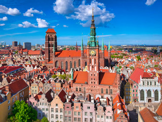 Aerial view of the old town in Gdansk with amazing architecture at summer,  Poland