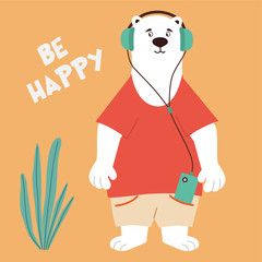 Cartoon bear in a flat style listens to music. Funny children vector illustration. Can be used as an element for cards, banners, posters.