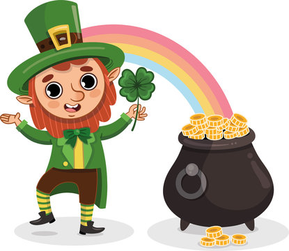 A leprechaun holding a shamrock standing next to a pot of gold under the rainbow. Vector illustration.
