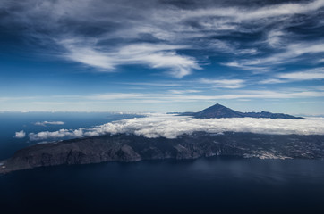 Aerial view of Teide volcano covered with clouds