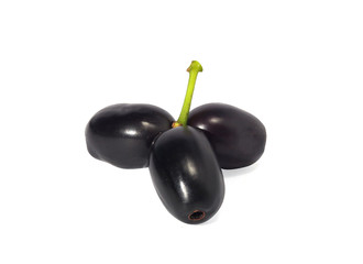 Jambolan plum, ripe fruit or fresh Java plum Bushy Dark purple plum, natural light. Syzygium cumini isolated on a white background.