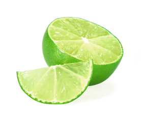 Fototapeta na wymiar Fresh green lime, sliced in half, sharp pictures Sour fruit has a shadow Beautiful in nature Isolated on a white background