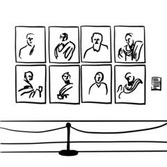 Museum graphic black white interior sketch illustration vector. Modern art gallery, interior creative contemporary paintings, artworks or exhibits horizontal sketch doodle. No people museum interior