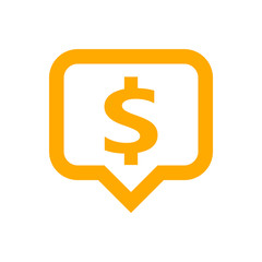 dollar currency symbol in speech bubble square shape for icon, orange dollar money for app symbol isolated on white, currency digital dollar icon for financial concept