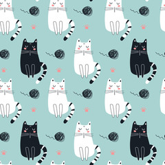 Seamless pattern with cute cat. Kids print. Vector