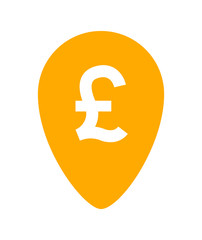 pound currency symbol in pin point for icon, pound money icon orange, pound money symbol in pointer pin, pound currency coin for button info graphics flat simple, isolated on white, financial concept