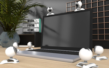Home office, having online meeting, e-learning, webcast, presentation, online viewers, students watching, 3d rendered laptop mockup with web cameras watching the blank screen, lightbox in background