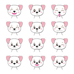 Set of cute puppy with different emotions, isolated on white background. Kawaii dog character. Useful for many applications (stickers, prints for apparel, scrapbooking projects ets).