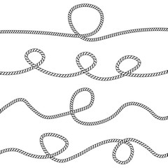 Set of different black rope elements and knots flat style, vector illustration isolated on white background. Collection of marine knots and wavy or straight cord string and round frame and loop - obrazy, fototapety, plakaty