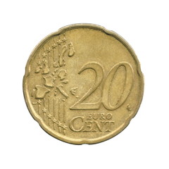 20 Euro cents coin of the Belgium isolated on a white background, reverse